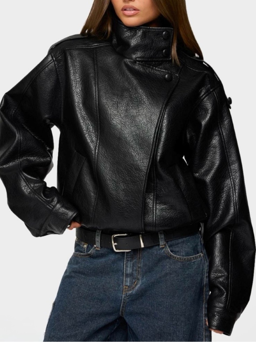 NWT Cavalini Black Faux Leather High-Neck Bomber Jacket SZ M